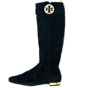 Tory Burch Knee-high riding Boots Size 7.5 Black Suede Leather w Logo